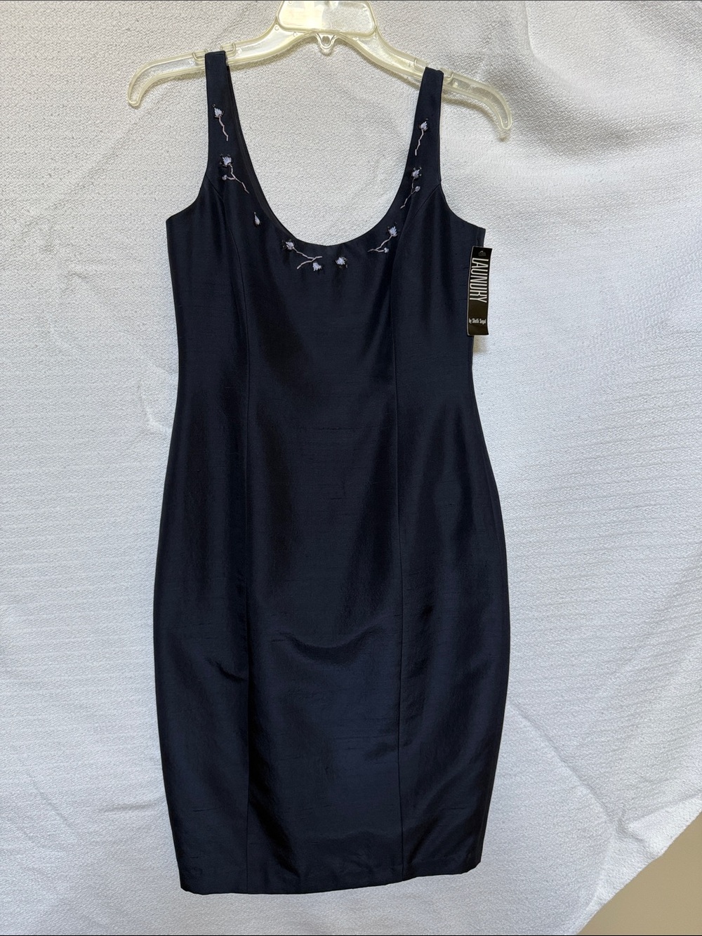 Navy Sleeveless Sheath Dress with Subtle Embroidery Fully silk lined